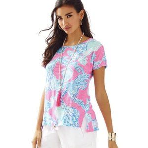 Lilly Pulitzer Mikela Top Pink Pout Barefoot Princess Blue SHELLS 100% Linen XS